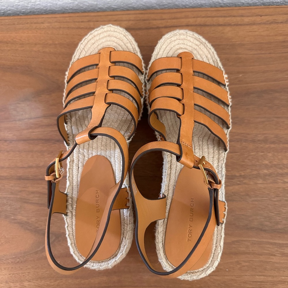 Tory Burch Tan Leather Espadrille Wedge Sandals Platform Gladiator 9.5 - Picture 5 of 8